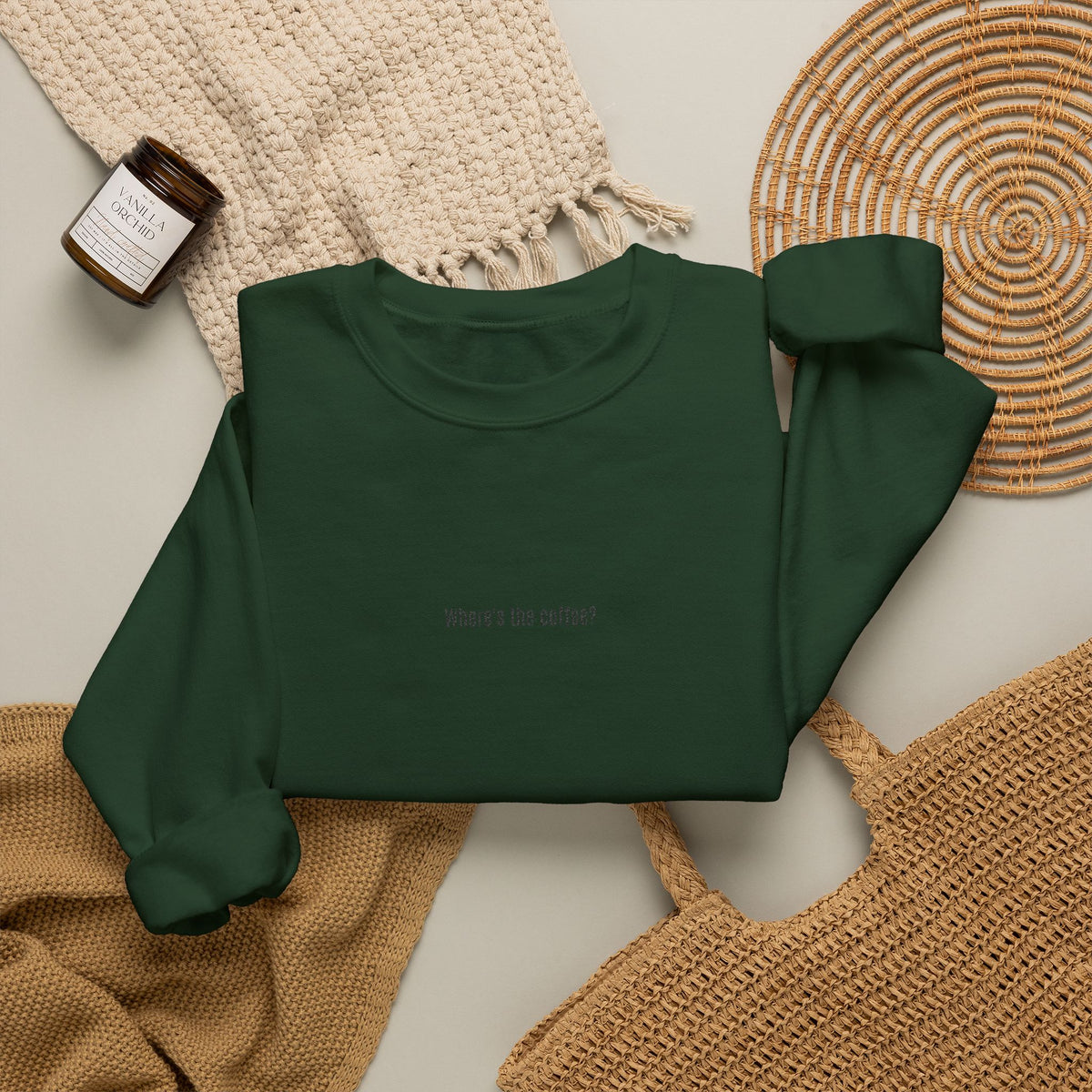 Where's the coffee? Embroidered Crewneck Sweatshirt